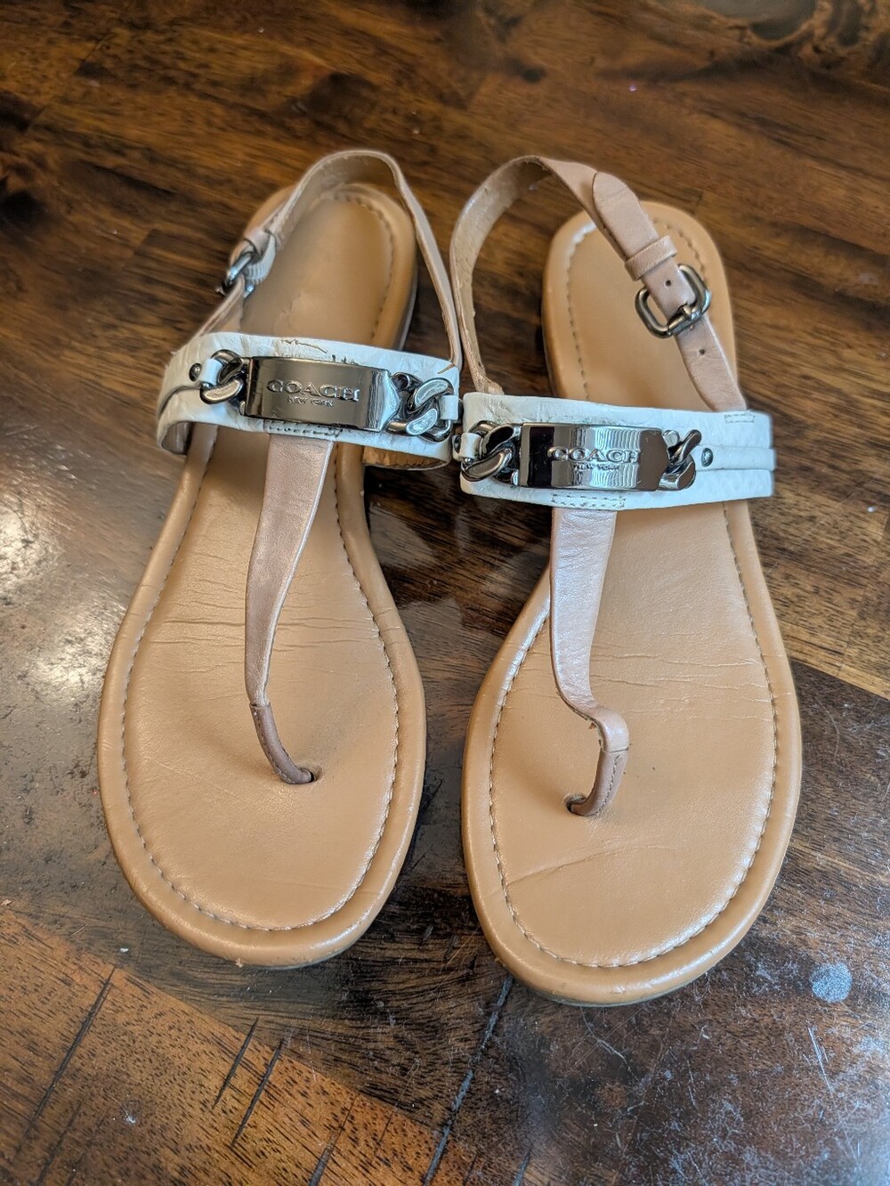 Coach Women's Beige Leather T-Strap Sandals